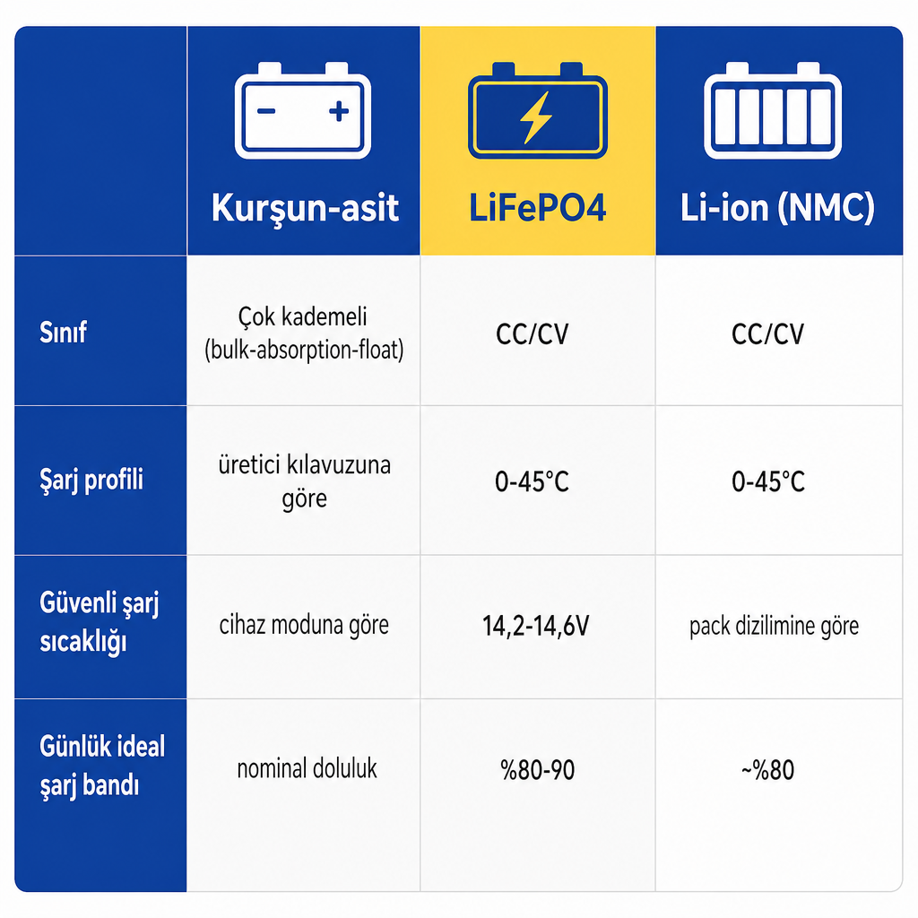 Kurşun-asit, LiFePO4 ve Li-ion NMC akülerin şarj profili, sıcaklık ve voltaj parametrelerini karşılaştıran tablo görseli