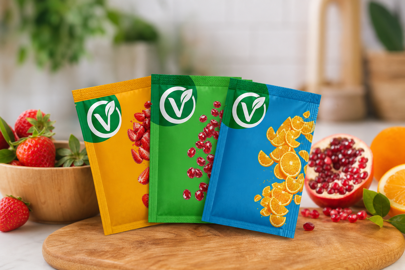 Yan yana dizili VeyraDry çilek, nar ve portakal tozu paketleri