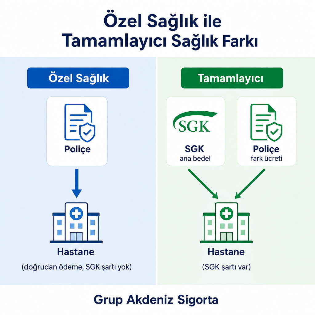 Özel sağlık ve tamamlayıcı sağlık sigortasının ödeme akışını karşılaştıran görsel.