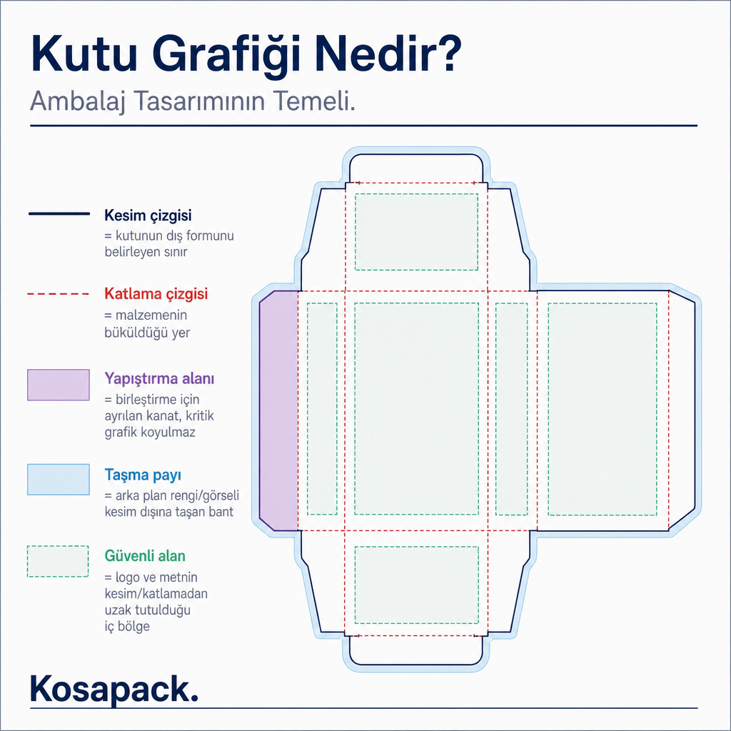 Katlanır kutu açınımı üzerinde kesim, katlama, yapıştırma, taşma payı ve güvenli alanı gösteren teknik diyagram
