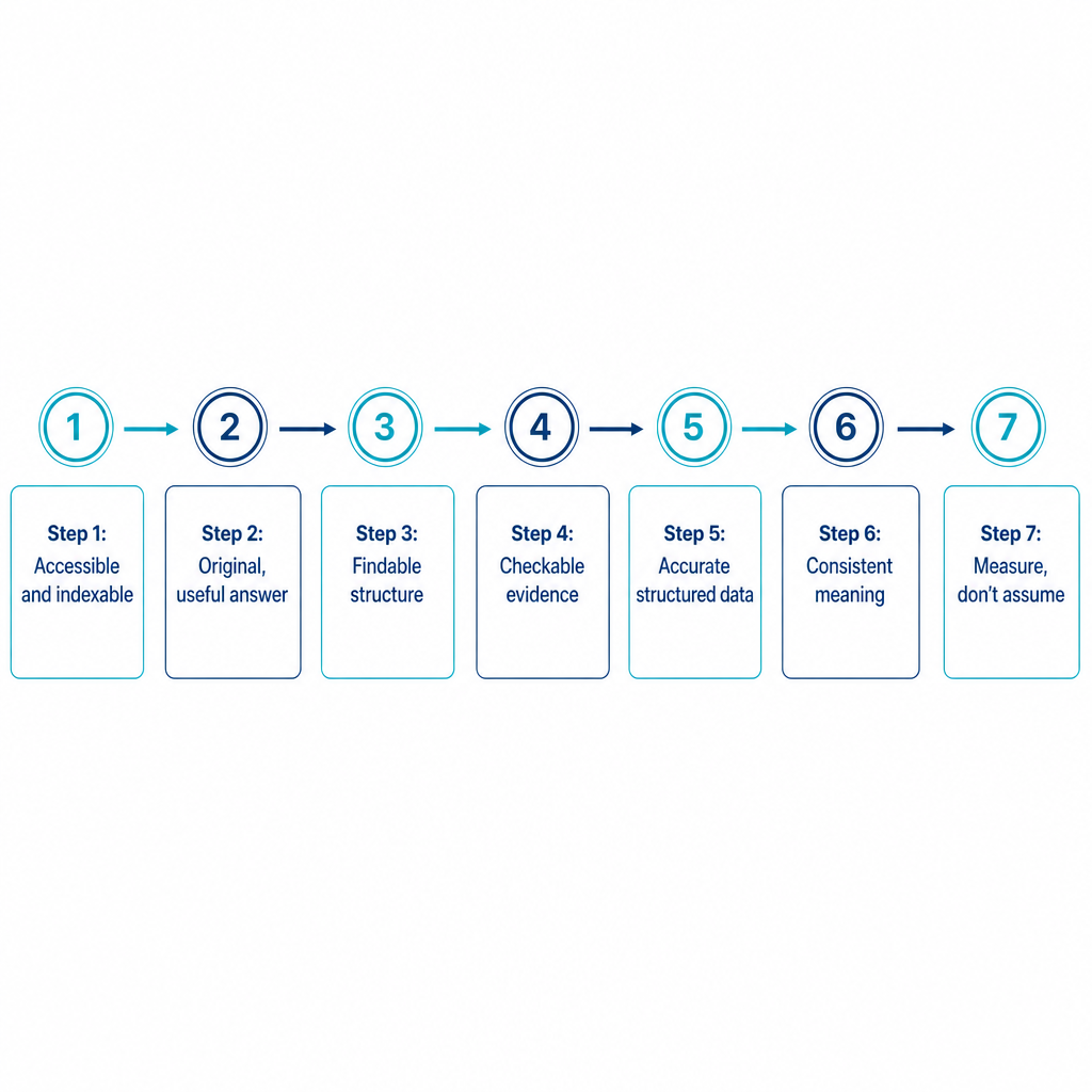 A seven-step process strip showing the audit order from accessibility through measurement