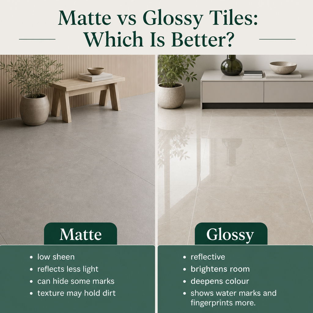 Side-by-side comparison of a low-sheen matte tile and a reflective glossy tile.