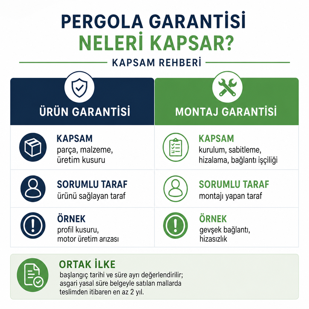Ürün garantisi ve montaj garantisinin sorumlu taraf, kapsam ve örnek bakımından karşılaştırıldığı görsel.