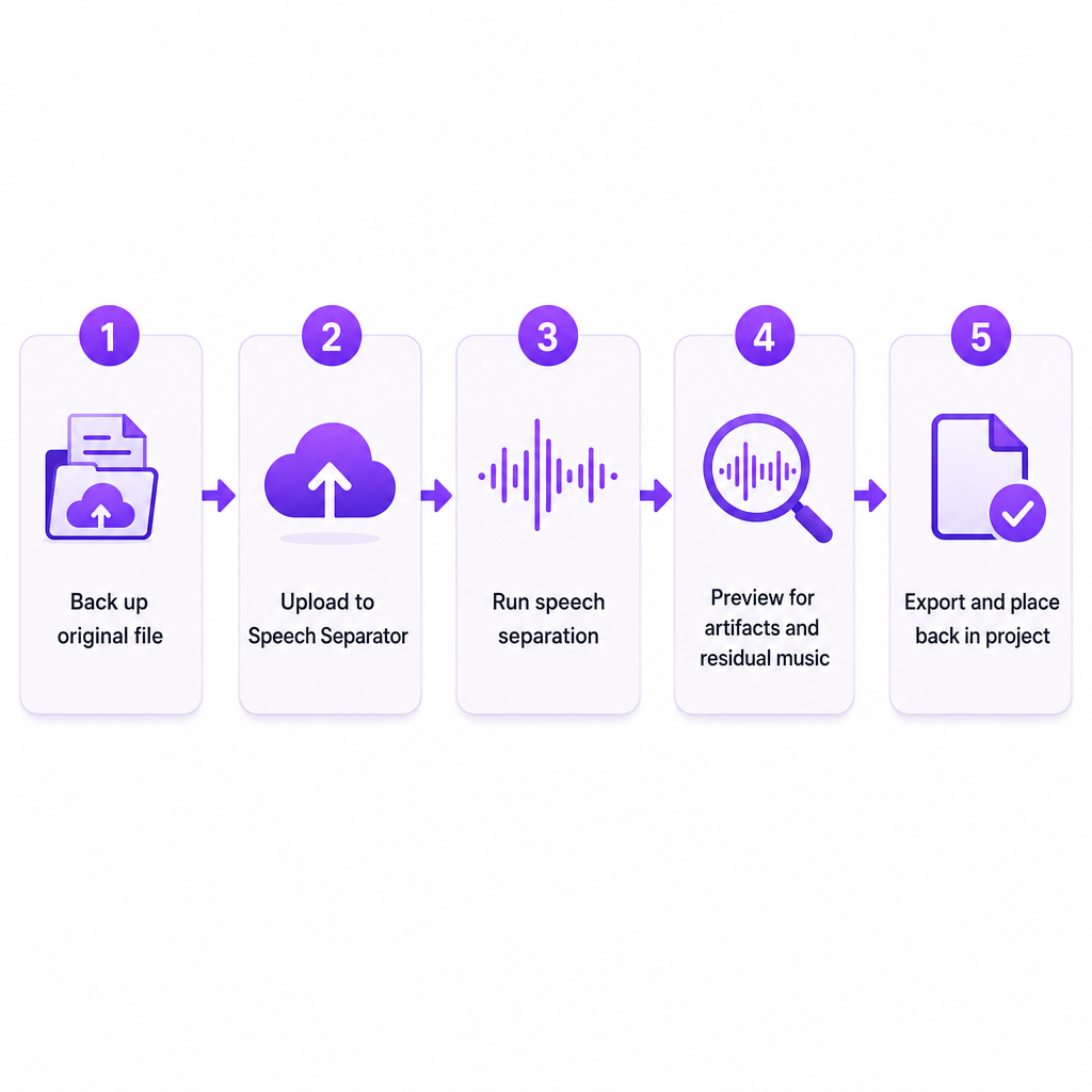 Diagrama de processo em cinco etapas mostrando os estágios de backup, upload, separação, pré-visualização e exportação para remover música de fundo do áudio.