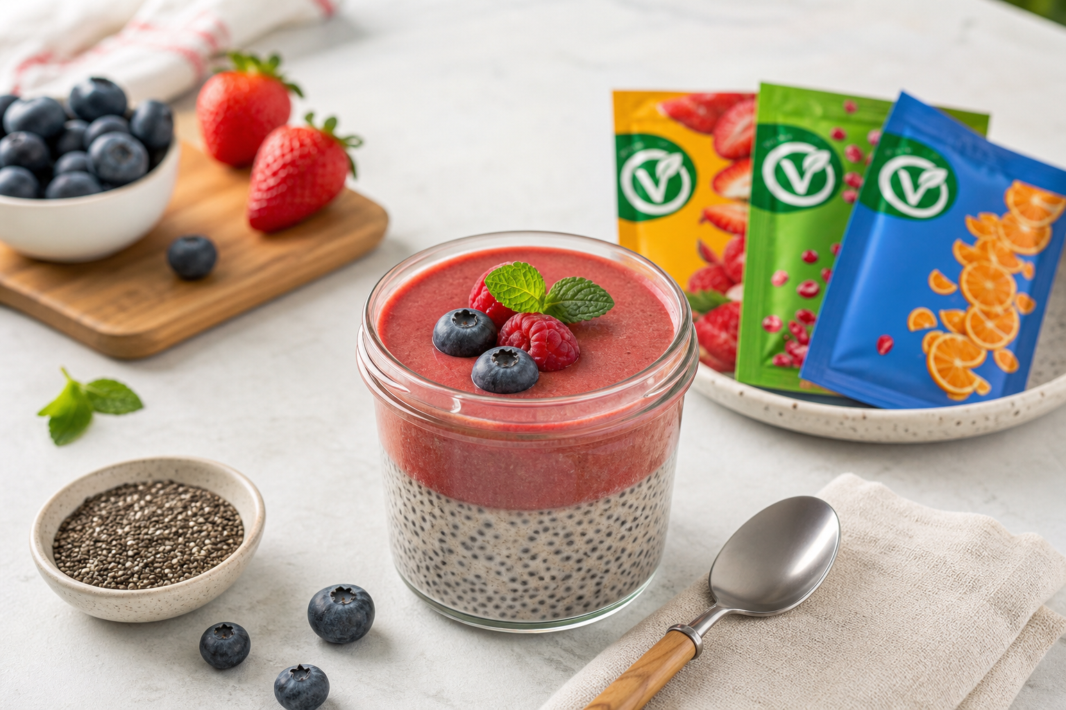 Cam kavanozda meyve tozlu chia puding, yanında kaşık, taze meyve ve VeyraDry meyve tozu paketi