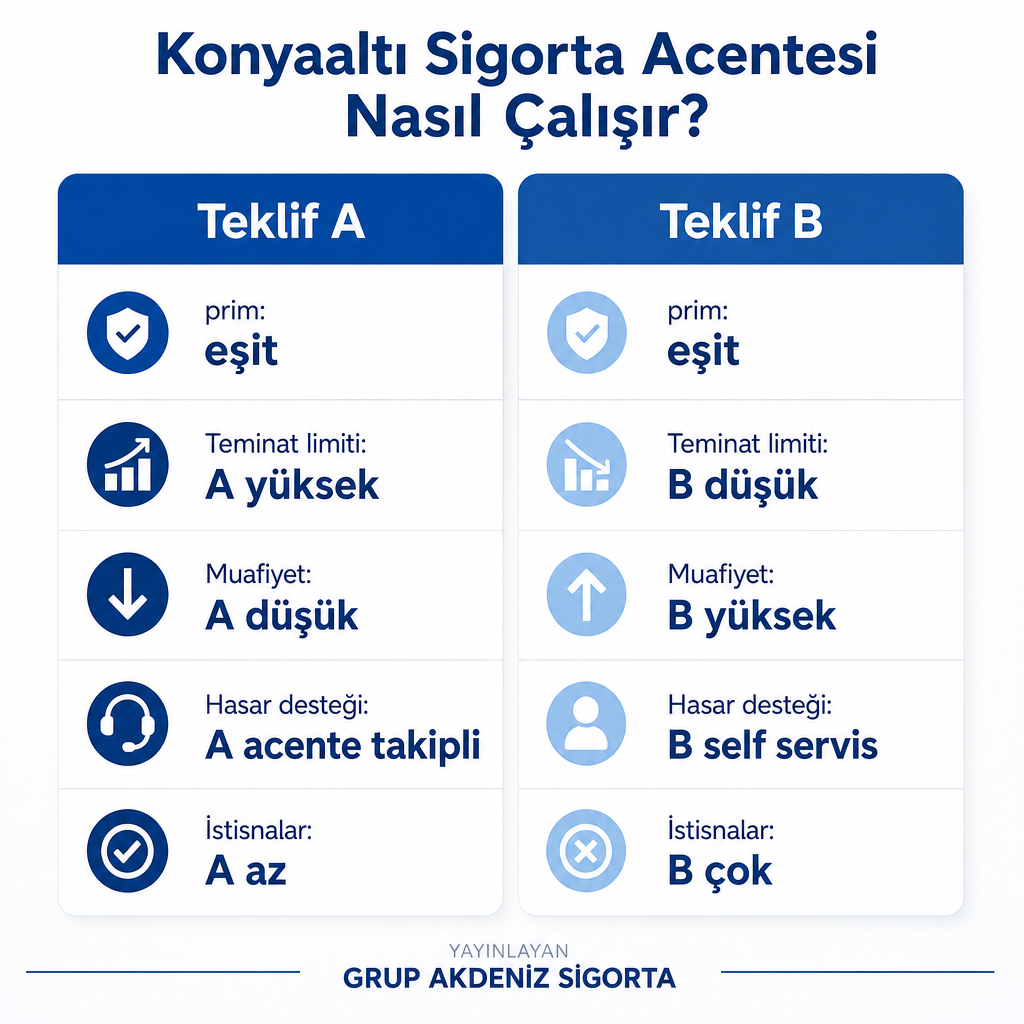 İki sigorta teklifinin eşit prime rağmen teminat, muafiyet ve hasar desteğinde nasıl ayrıştığını gösteren karşılaştırma görseli