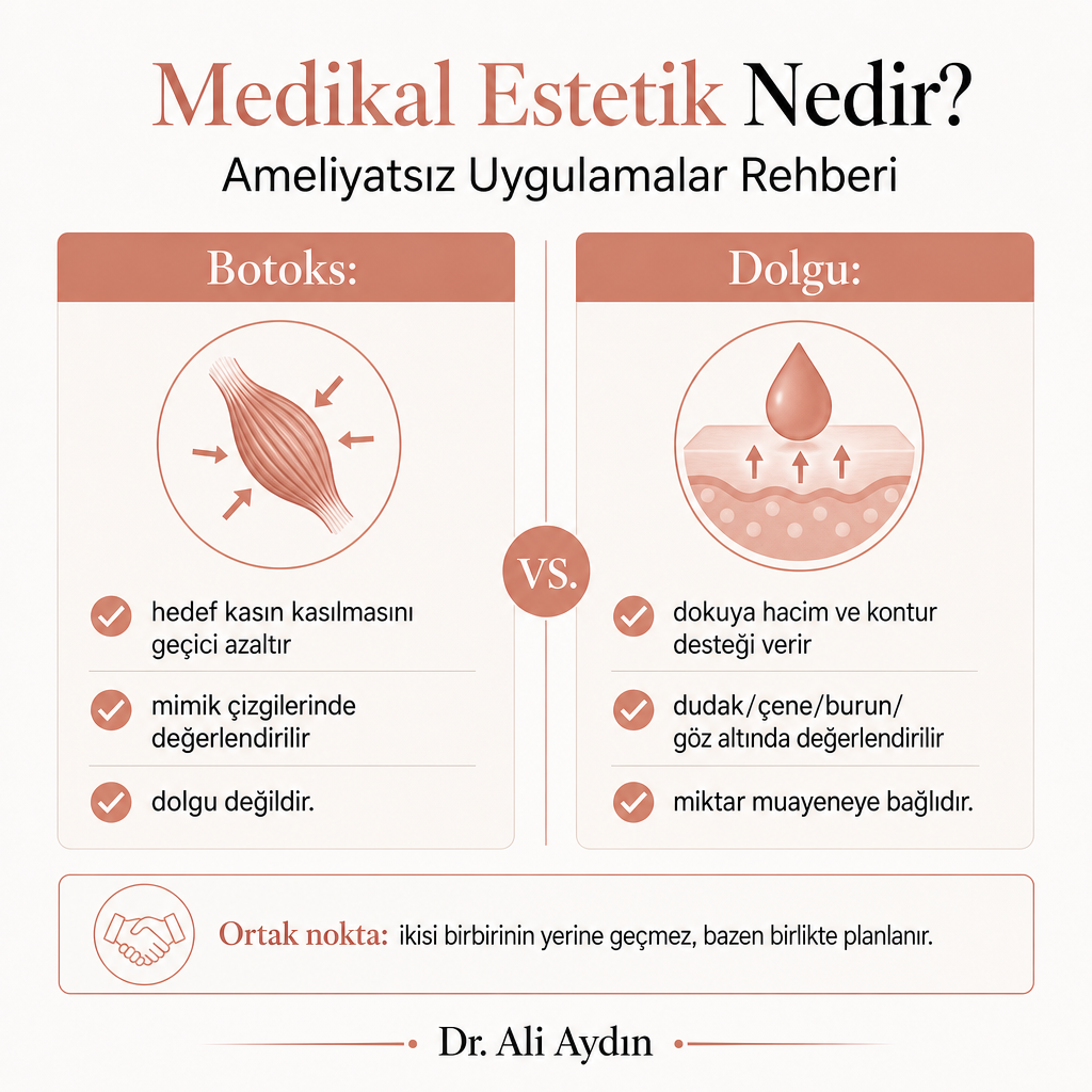 Botoks ve dolgu arasındaki temel farkları karşılaştıran iki sütunlu görsel.