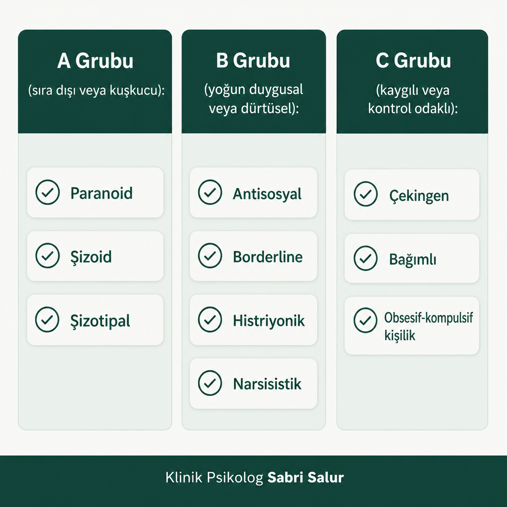 Kişilik bozukluğunun A, B ve C gruplarını ve bu gruplardaki türleri gösteren karşılaştırma görseli