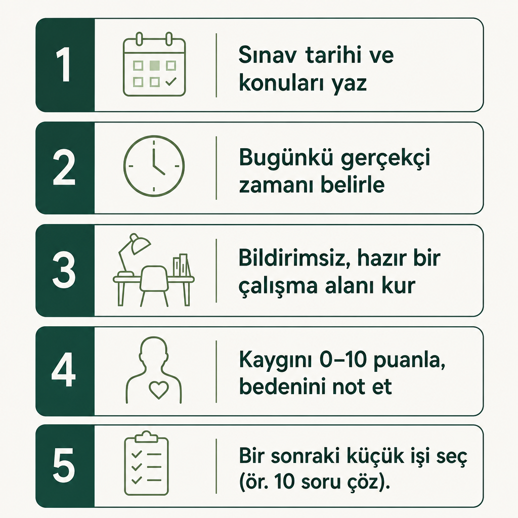 Çalışmaya başlamadan önce yapılacak beş hazırlık adımını gösteren dikey kontrol listesi