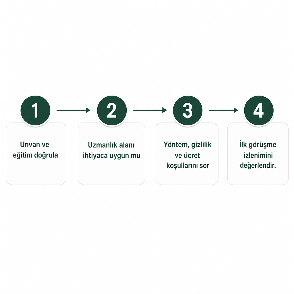 Psikolog seçiminde unvan, uzmanlık, koşullar ve ilk görüşme izlenimi aşamalarını gösteren süreç diyagramı