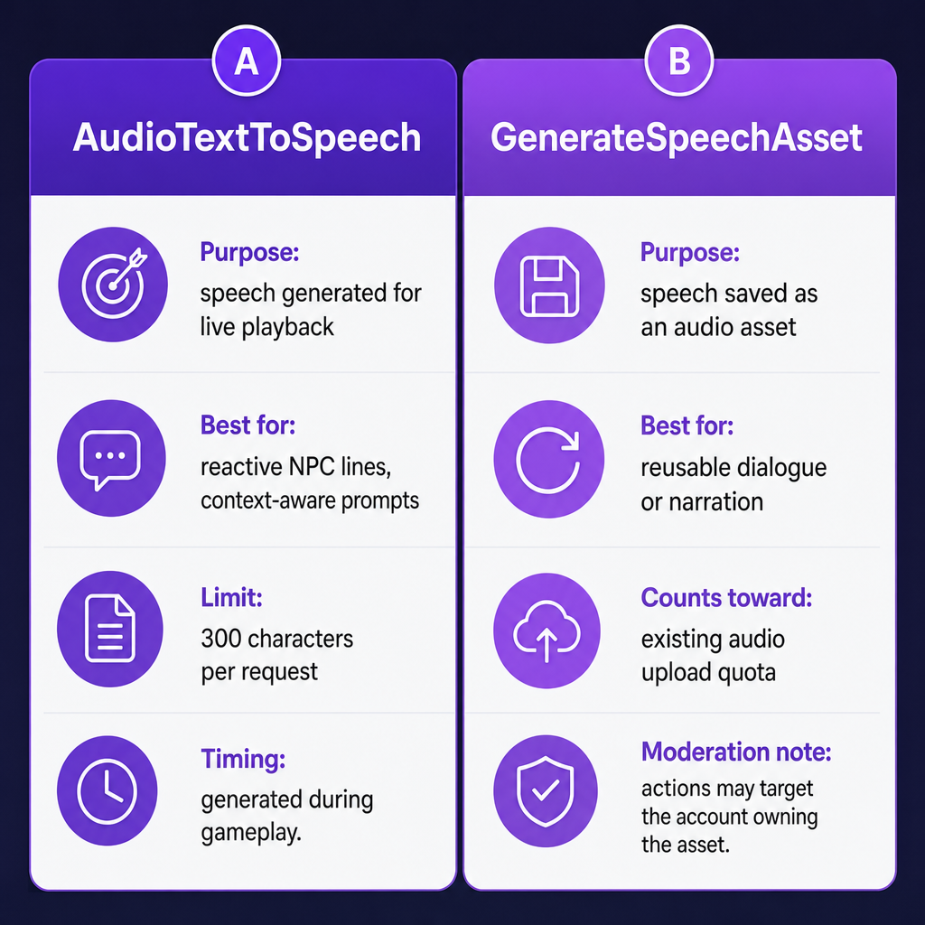 Comparação lado a lado de AudioTextToSpeech para reprodução ao vivo versus GenerateSpeechAsset para áudio salvo.