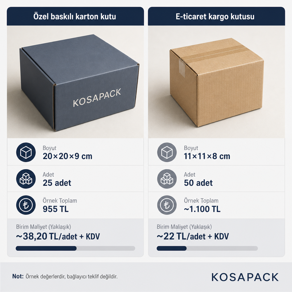 Karton kutu ile e-ticaret kutusunun örnek ölçü, adet ve birim fiyatlarını yan yana gösteren karşılaştırma görseli