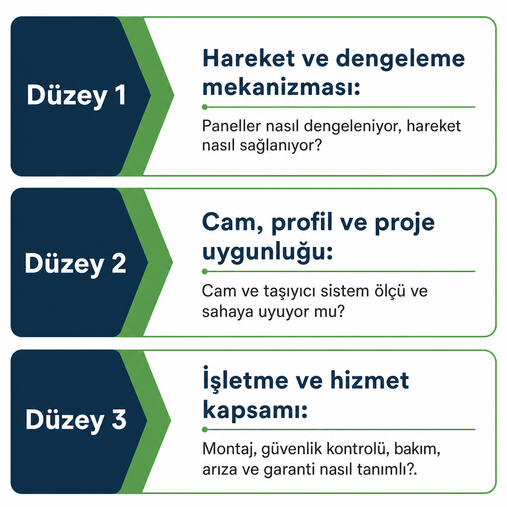Giyotin cam tekliflerinin üç karşılaştırma düzeyini gösteren şema