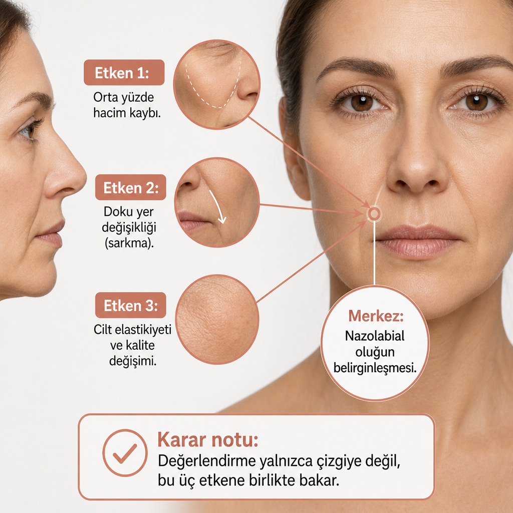 Orta yüzde hacim kaybı, doku yer değişikliği ve cilt kalitesinin nazolabial oluğu nasıl belirginleştirdiğini gösteren diyagram.