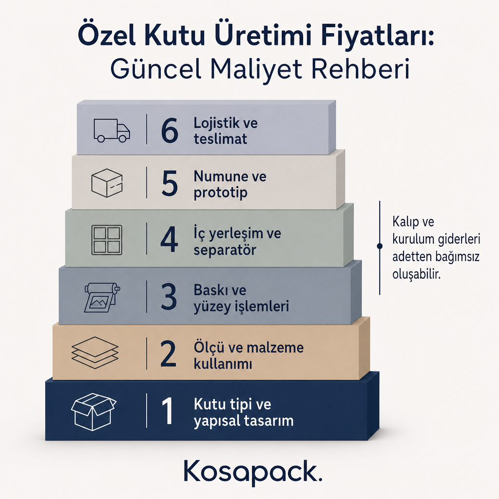 Özel kutu fiyatını oluşturan altı maliyet kaleminin alttan üste doğru katmanlı gösterimi.