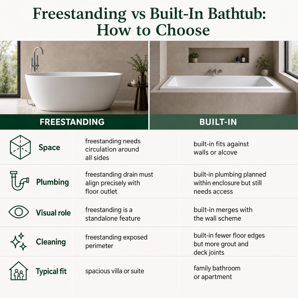 Comparison graphic listing space, plumbing, visual role, cleaning and typical fit for freestanding and built-in bathtubs