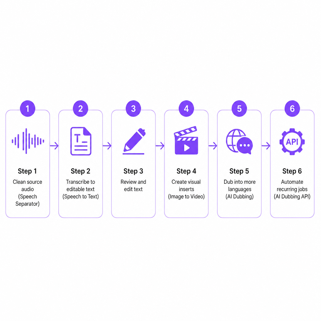 Diagrama de seis etapas mostrando limpeza da fonte, transcrição, revisão de texto, inserções visuais, dublagem e automação via API em um único fluxo de trabalho.
