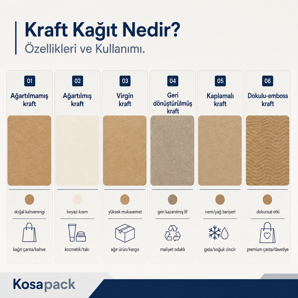 Altı kraft kağıt türünü özellik ve uygun kullanıma göre karşılaştıran görsel matris