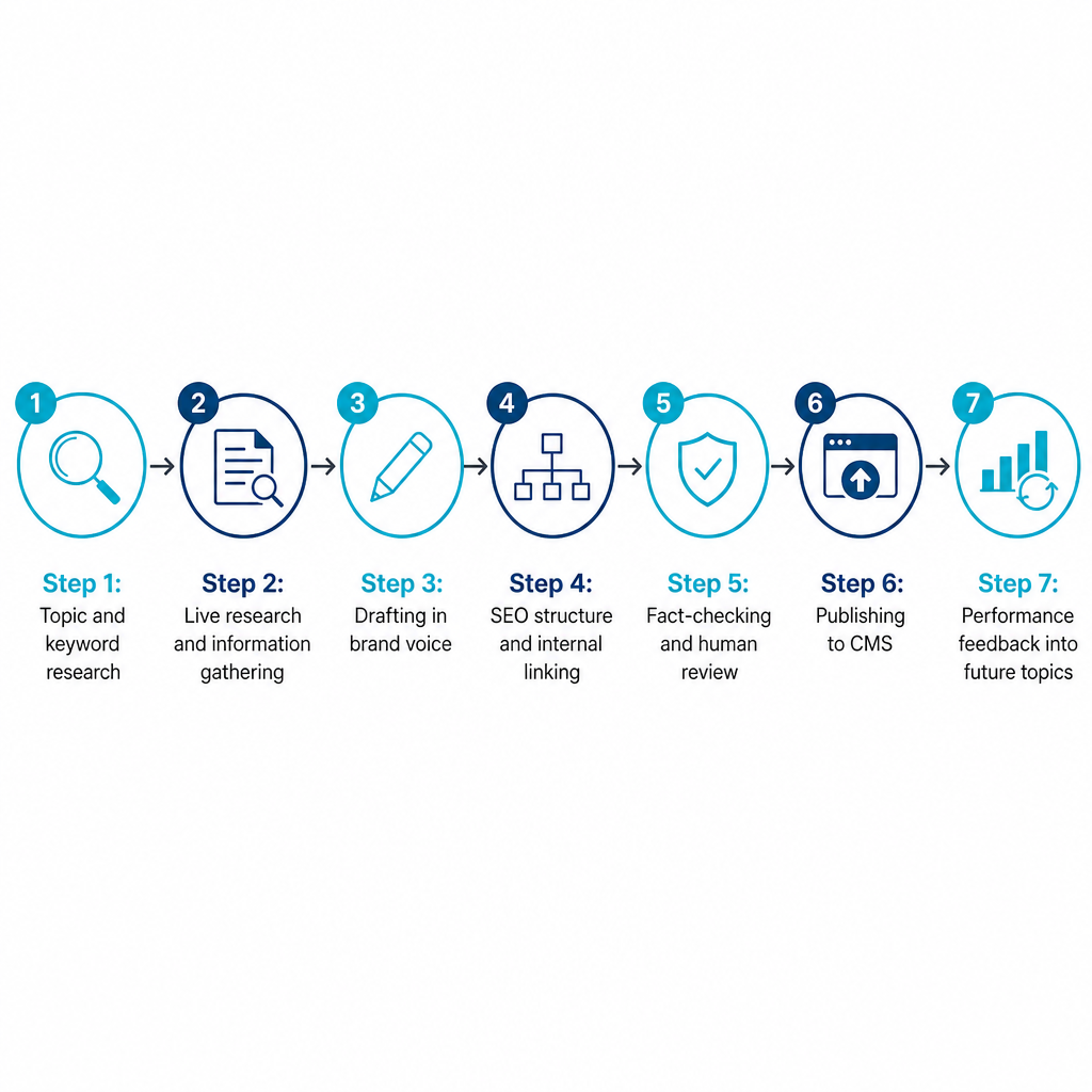 Seven-stage flow from topic research through research, drafting, SEO, fact-checking, publishing, and performance feedback