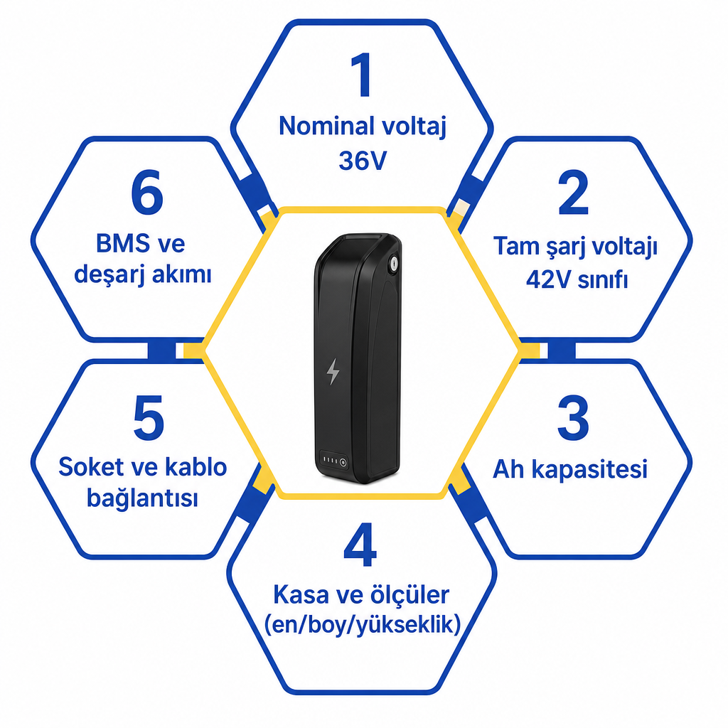 Yuki uyumlu yedek batarya seçiminde değerlendirilmesi gereken altı uyum kriterini gösteren infografik