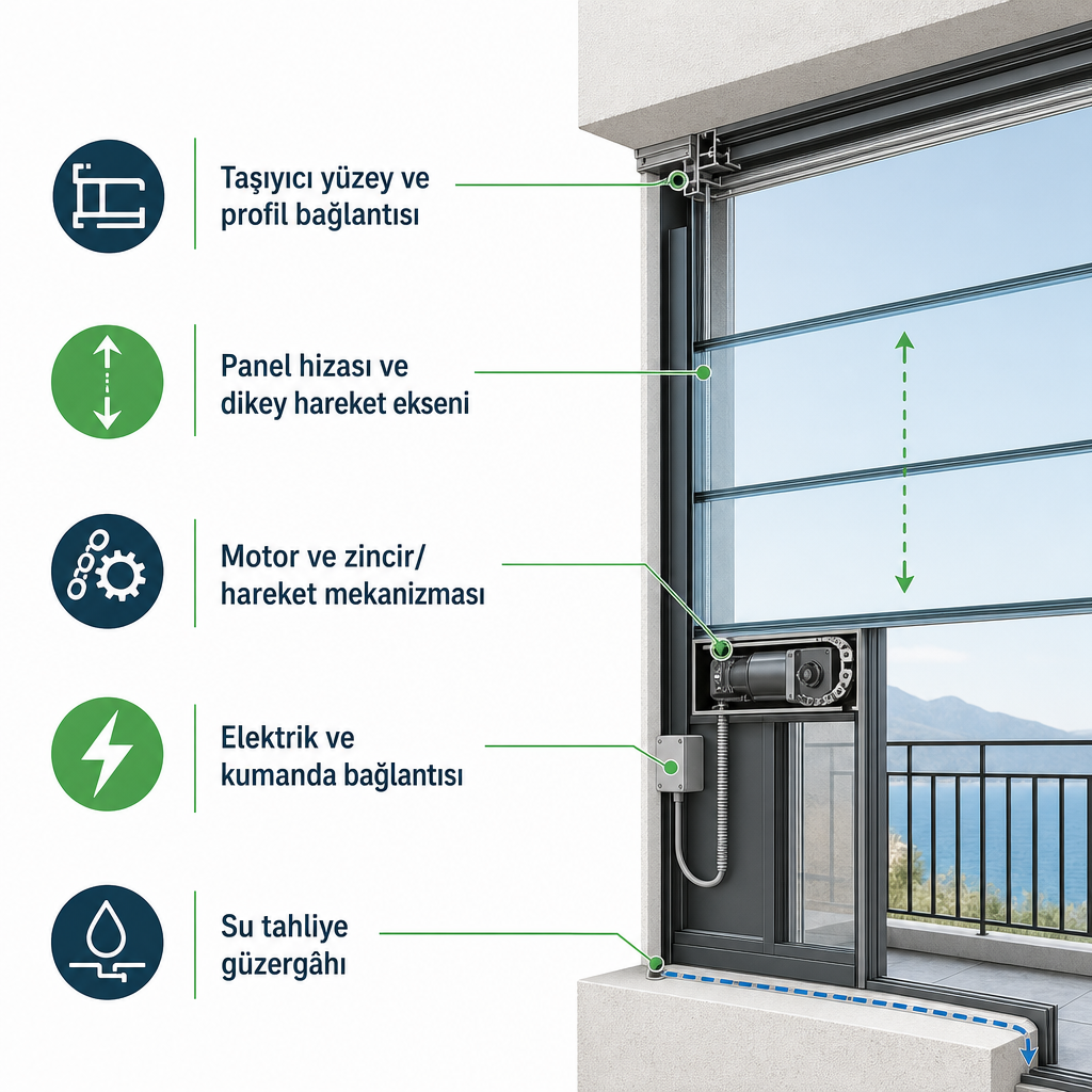 Giyotin cam sisteminin taşıyıcı yüzey, panel hizası, motor, elektrik ve su tahliyesi noktalarını gösteren teknik diyagram