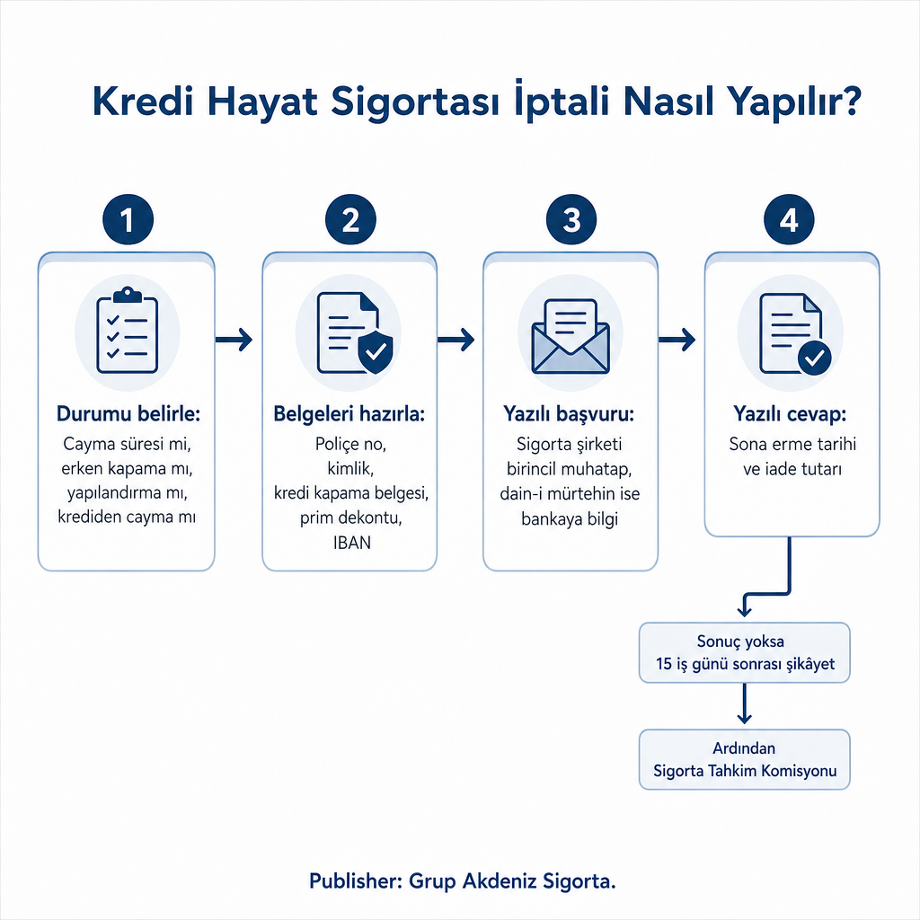 Kredi hayat sigortası iptalinde durum tespitinden yazılı cevaba kadar dört aşamalı karar akışını gösteren süreç diyagramı