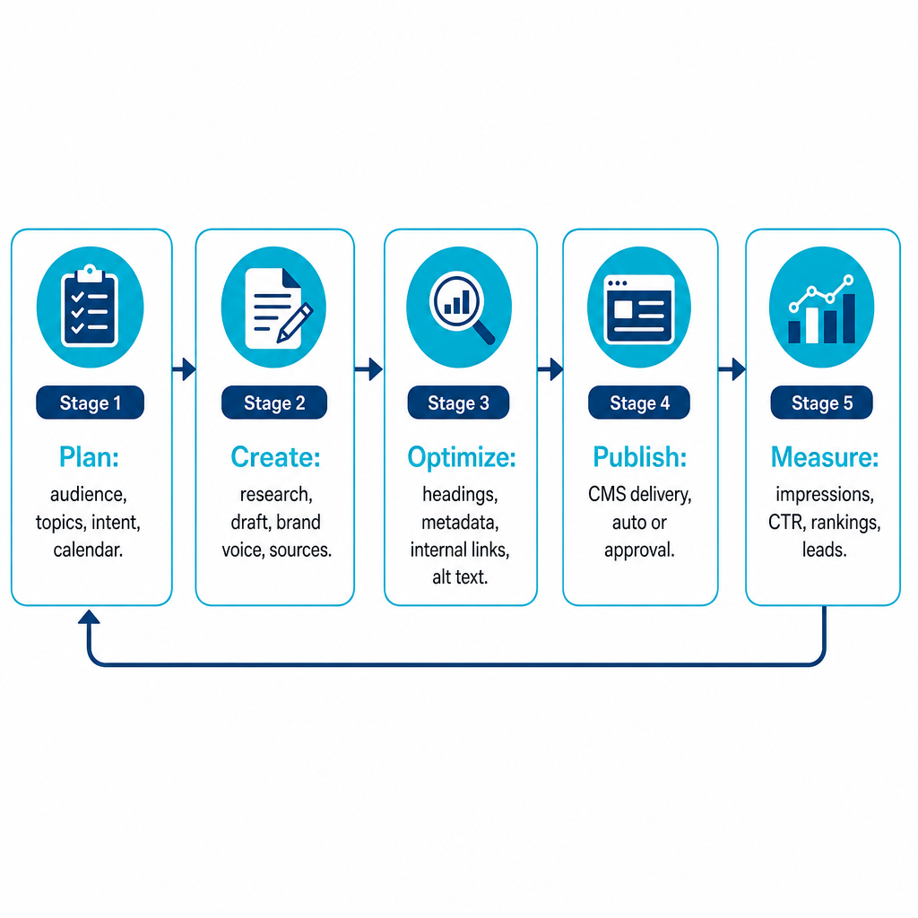 A five-stage loop showing plan, create, optimize, publish, and measure, with measurement feeding back into planning.