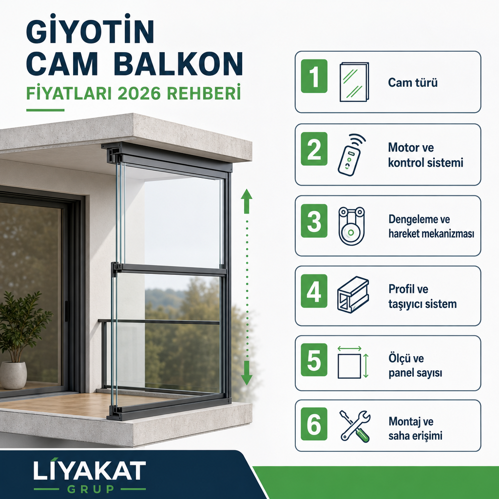 Giyotin cam balkon fiyatını oluşturan altı teknik bileşeni gösteren bilgilendirme grafiği