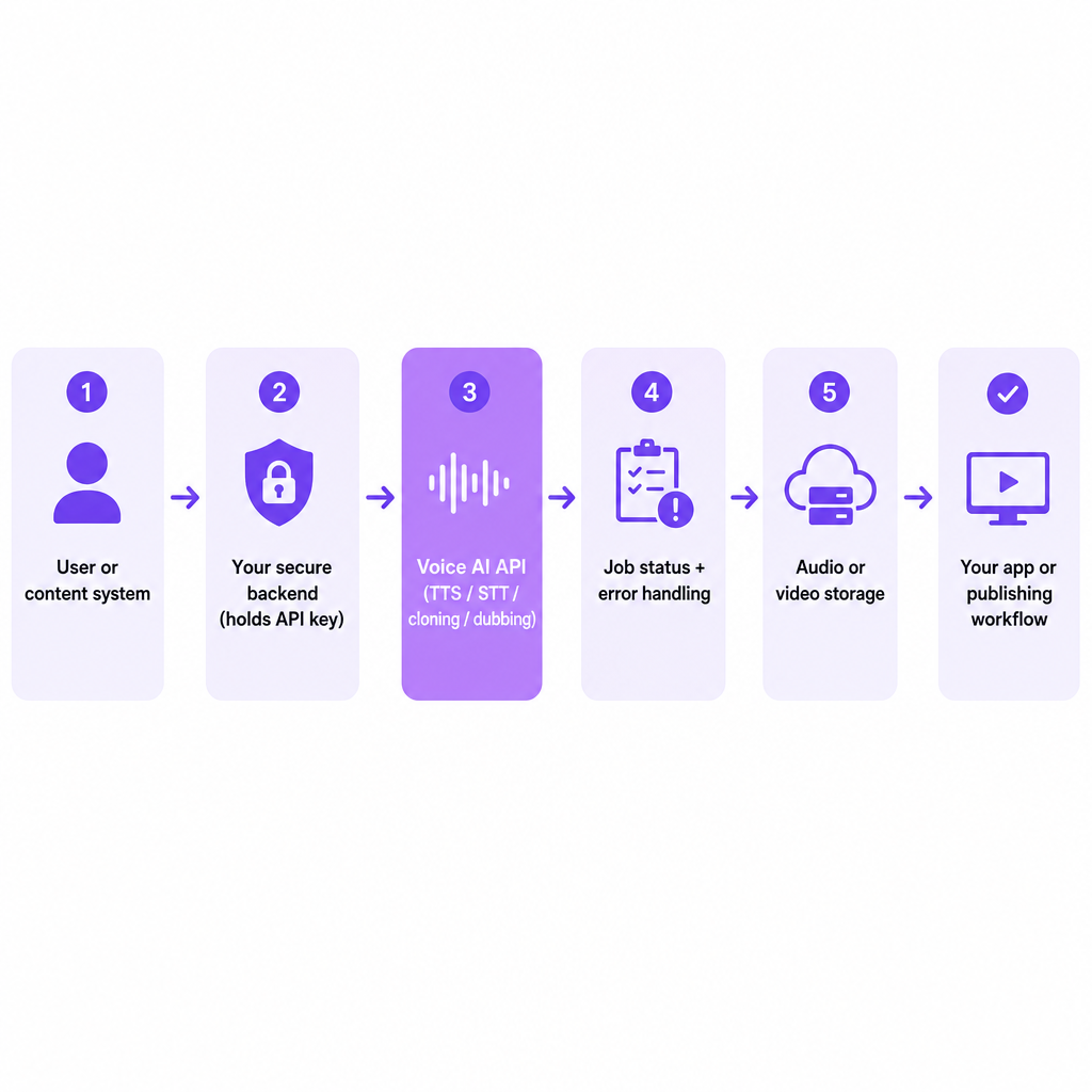 Diagrama mostrando o conteúdo fluindo de um usuário por um backend seguro para uma API de voz com IA, depois para o gerenciamento de tarefas, armazenamento e publicação.
