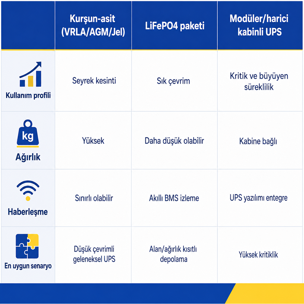 Kurşun-asit, LiFePO4 ve modüler UPS yaklaşımlarını kullanım profili, ağırlık, haberleşme ve en uygun senaryo kriterlerinde karşılaştıran görsel tablo