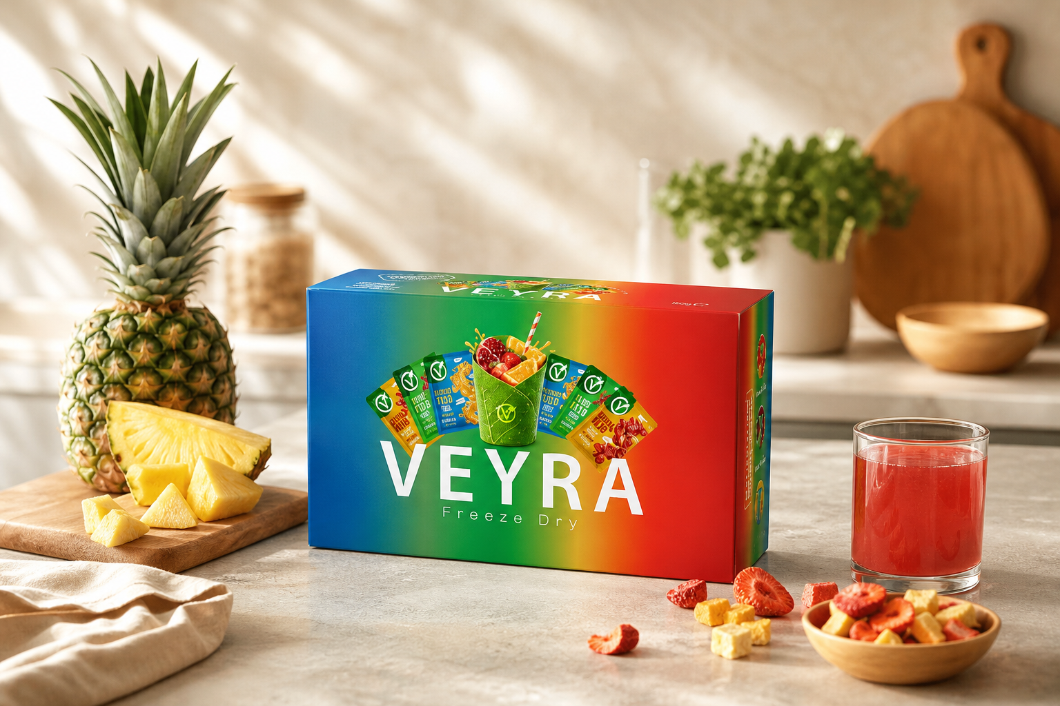 VeyraDry freeze-dry karma meyve tozu kutusu, renkli ambalajıyla beyaz zemin üzerinde.