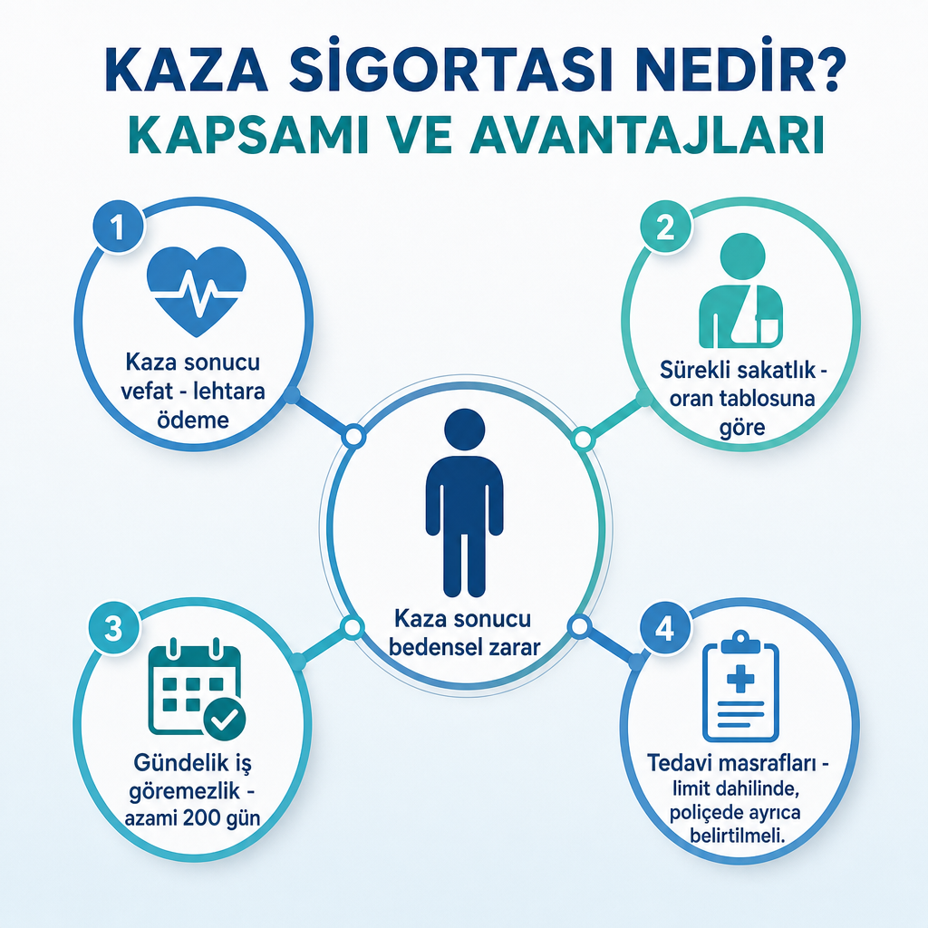 Ferdi kaza sigortasının dört ana teminatını gösteren infografik