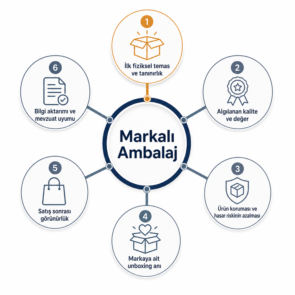 Markalı ambalajın altı temel işlevini merkez ve dallar biçiminde gösteren infografik