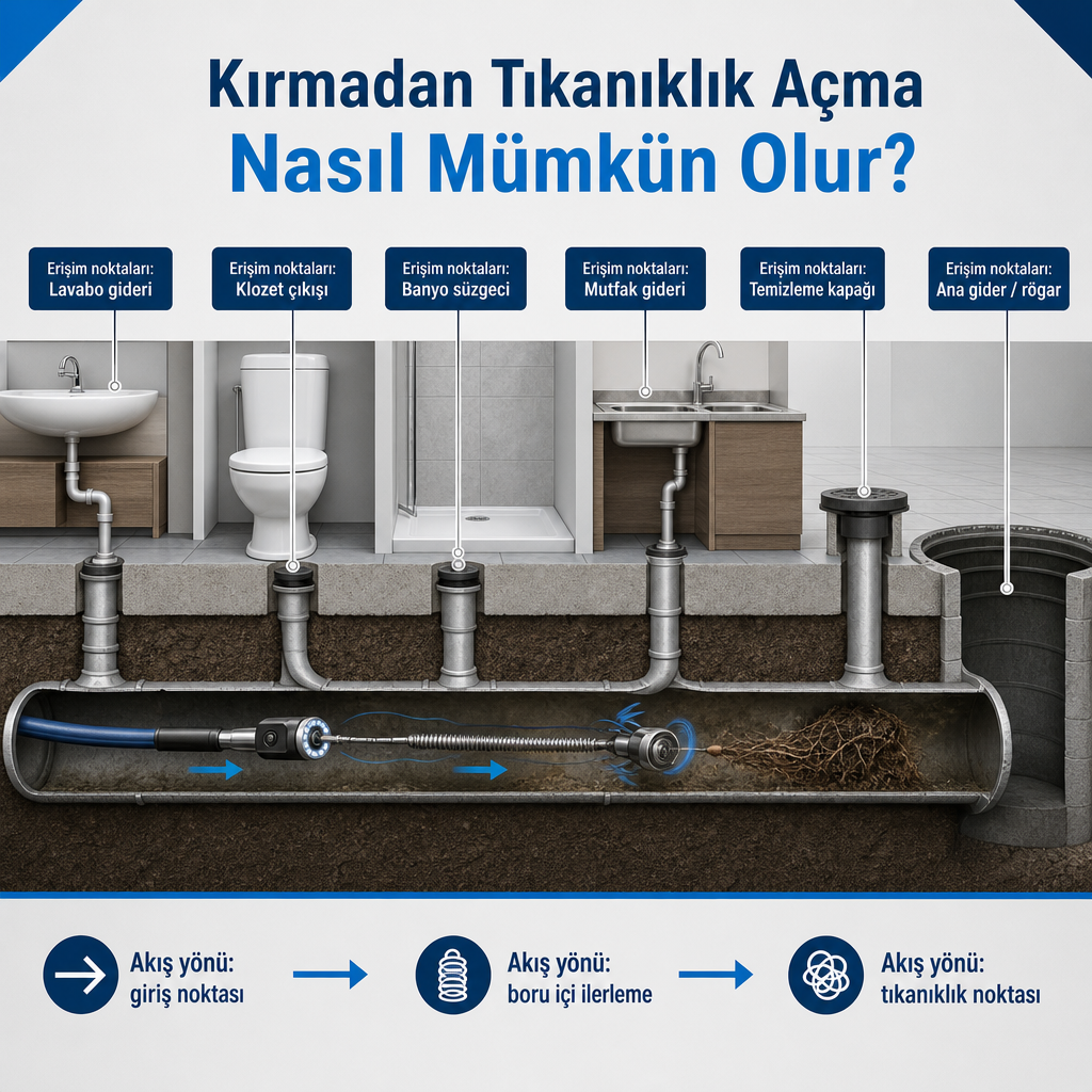 Gider hattında cihazın içeriden girdiği erişim noktalarını ve tıkanıklığa ilerleyişini gösteren kesit şeması.