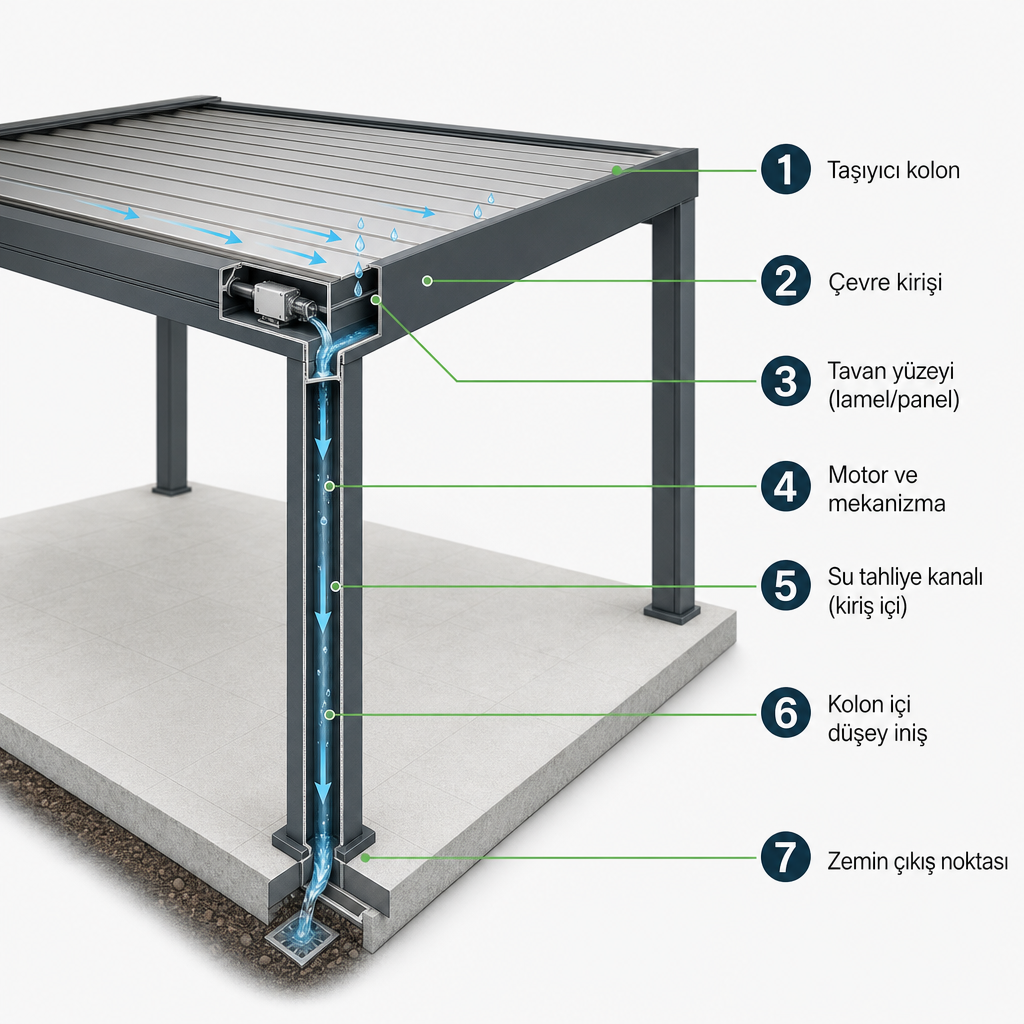 Pergola tavan sisteminin kolon, kiriş, tavan yüzeyi, motor ve su tahliye yollarını gösteren kesit şeması