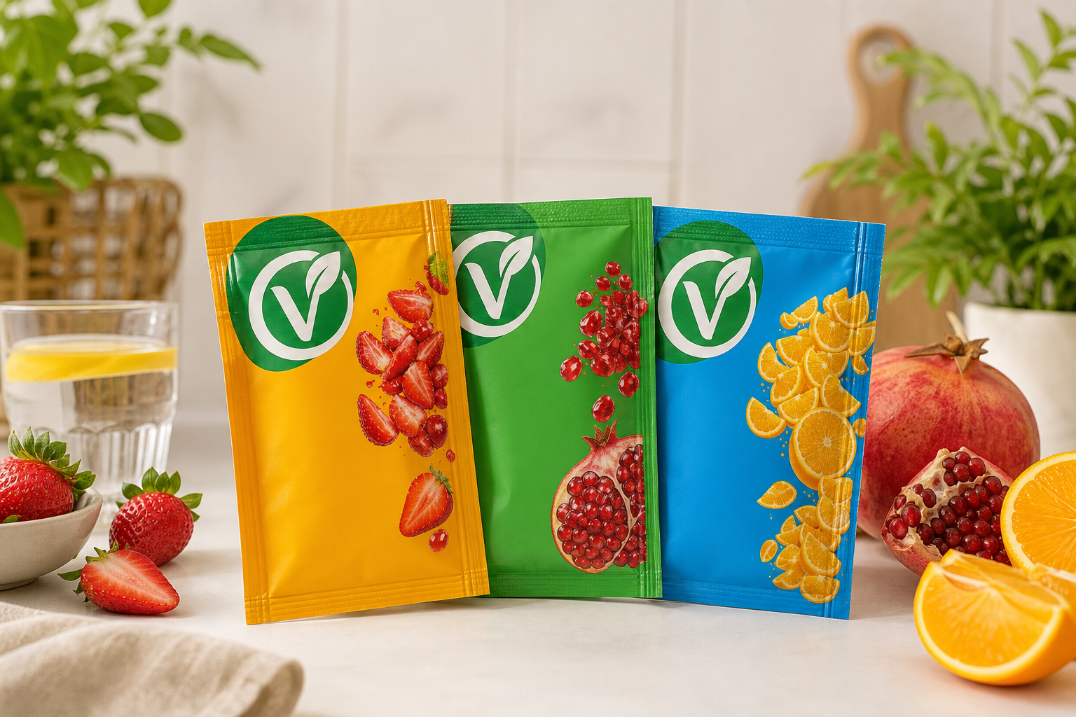 Yan yana dizilmiş VeyraDry freeze-dry çilek, nar ve portakal tozu paketleri