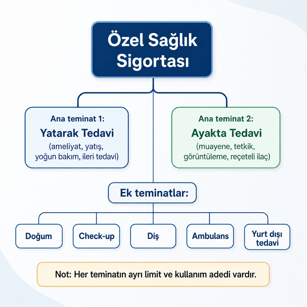 Özel sağlık sigortasının yatarak, ayakta ve ek teminat gruplarını gösteren şema
