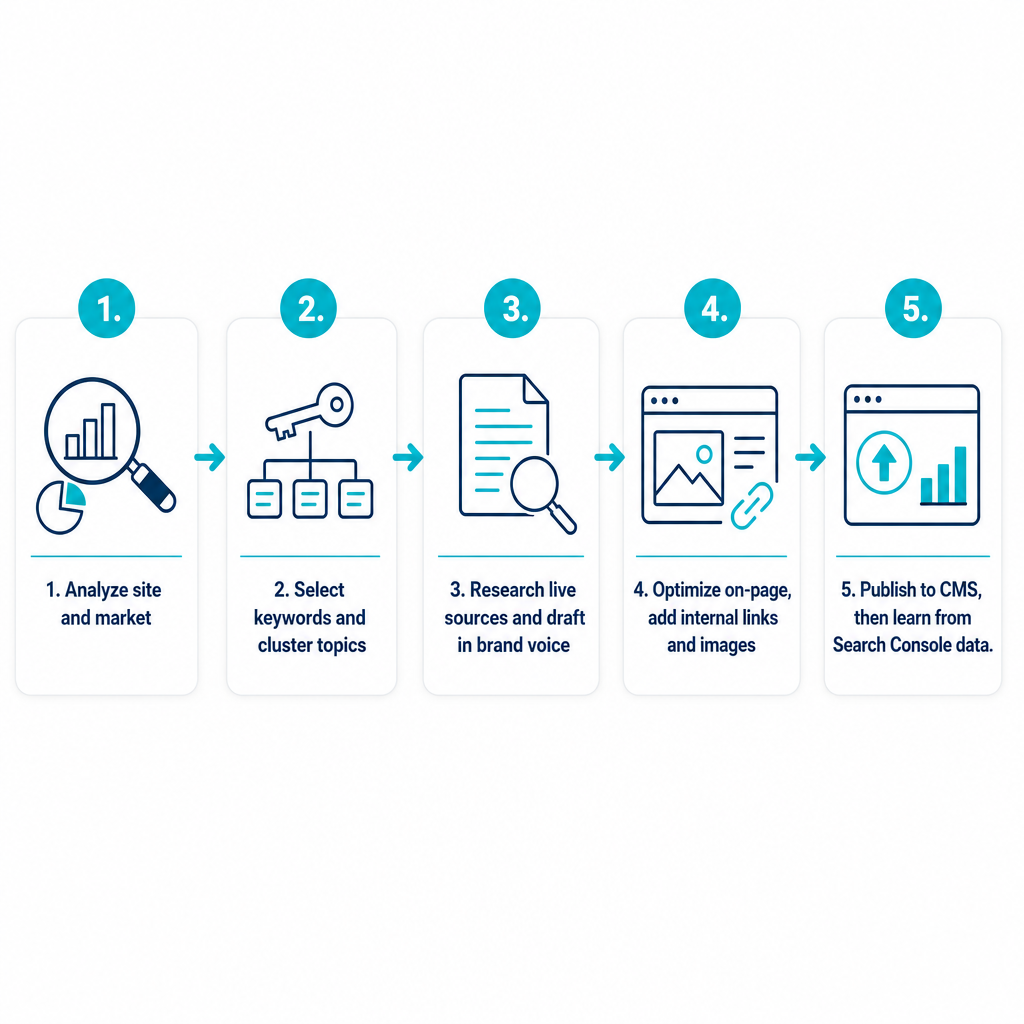 A five-step diagram showing analysis, keyword selection, research and drafting, optimization, and publishing with performance feedback