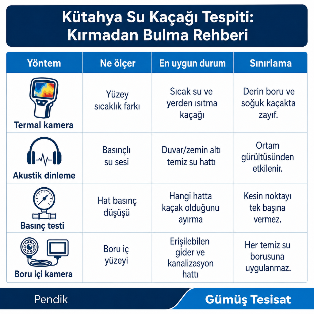 Termal kamera, akustik dinleme, basınç testi ve boru içi kameranın ne ölçtüğünü, uygun durumunu ve sınırlamasını gösteren karşılaştırma görseli.
