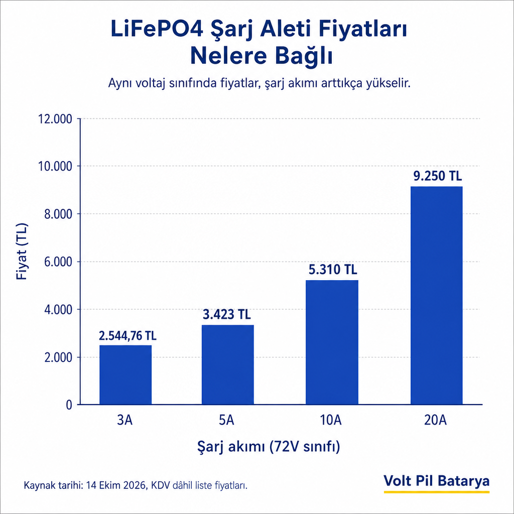 72V LiFePO4 şarj cihazlarında 3A'dan 20A'ya fiyatın yükselişini gösteren sütun grafiği