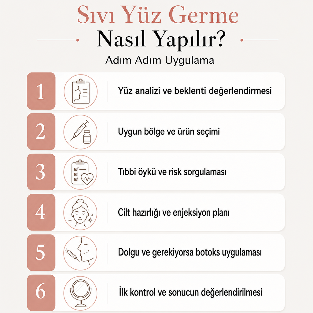 Sıvı yüz germe sürecinin altı adımını gösteren dikey akış şeması