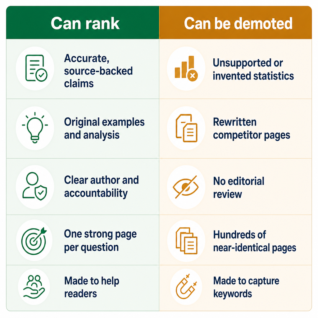 Comparison chart showing qualities of rankable AI-assisted content versus content that risks demotion