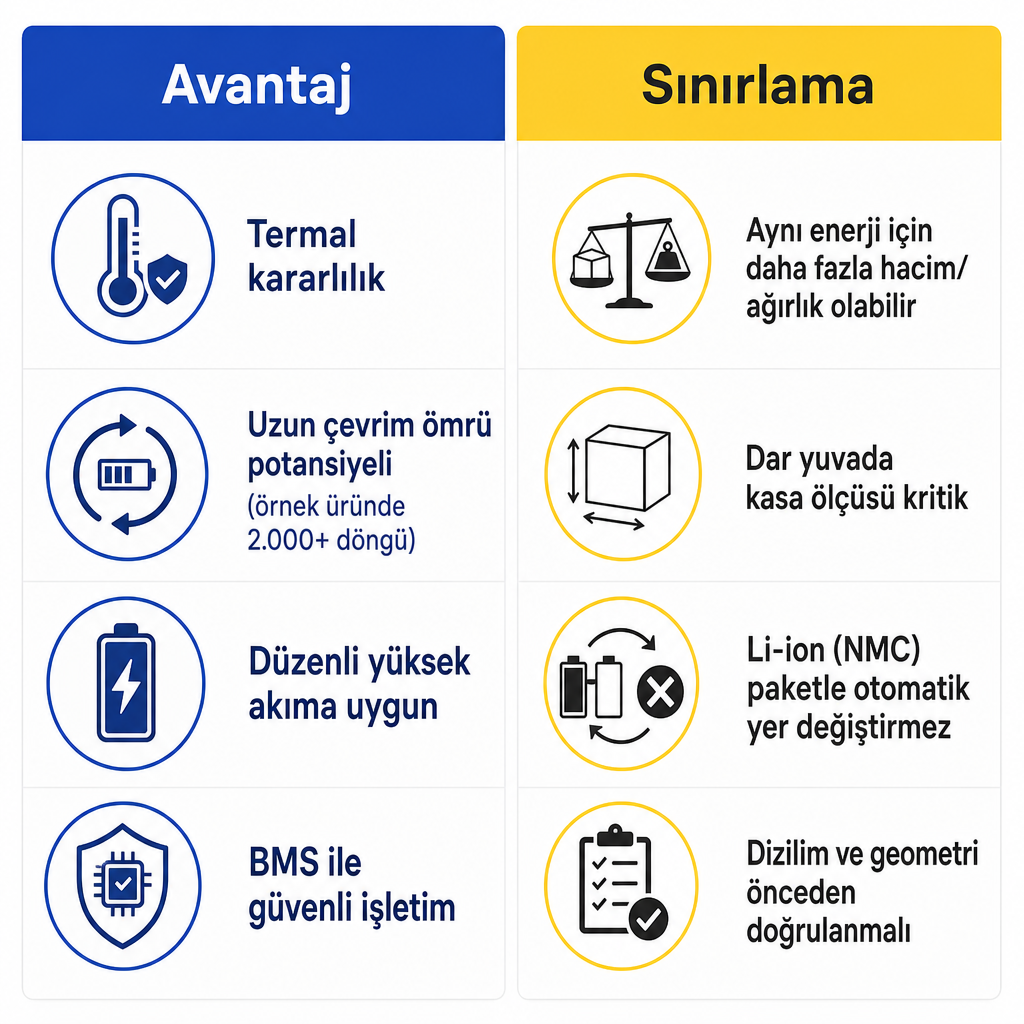 LiFePO4 motosiklet paketinin avantaj ve sınırlamalarını karşılaştıran iki sütunlu görsel