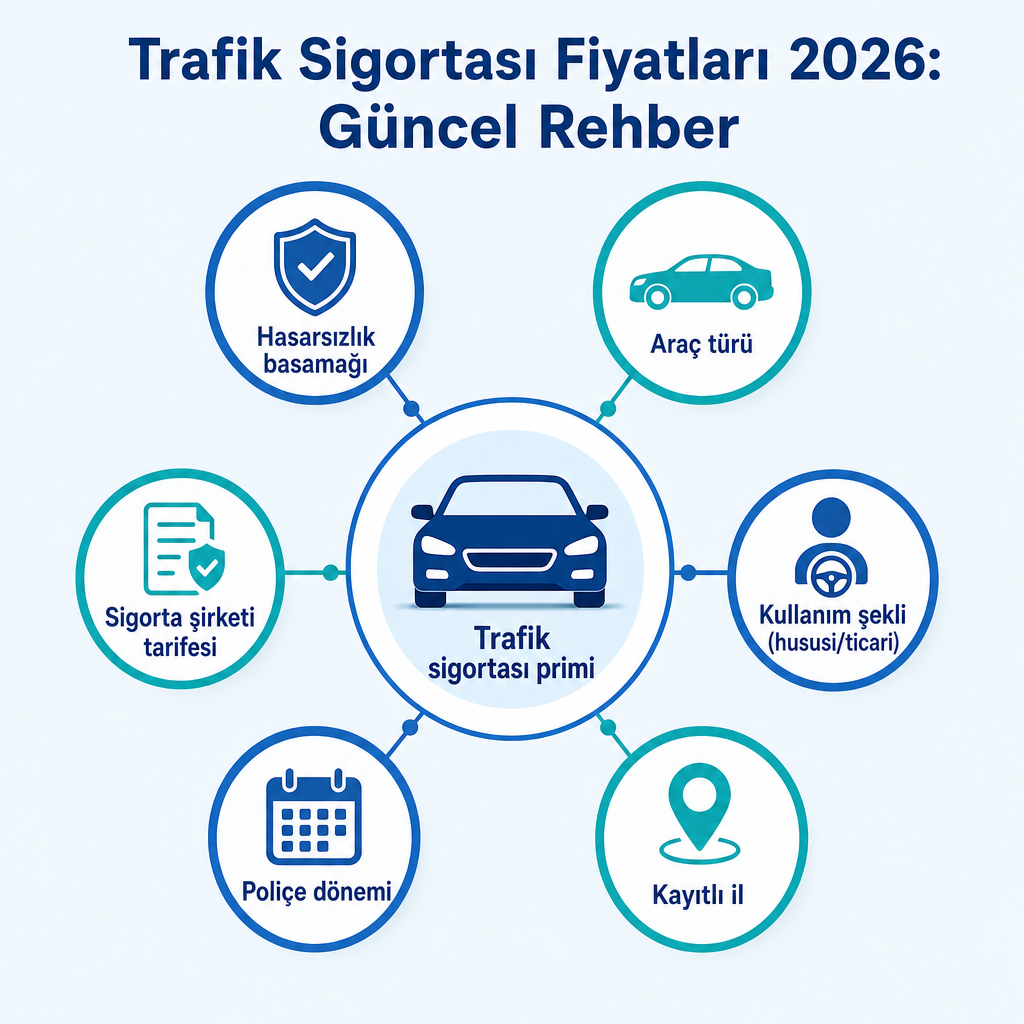 Trafik sigortası primini etkileyen altı ana unsuru gösteren infografik