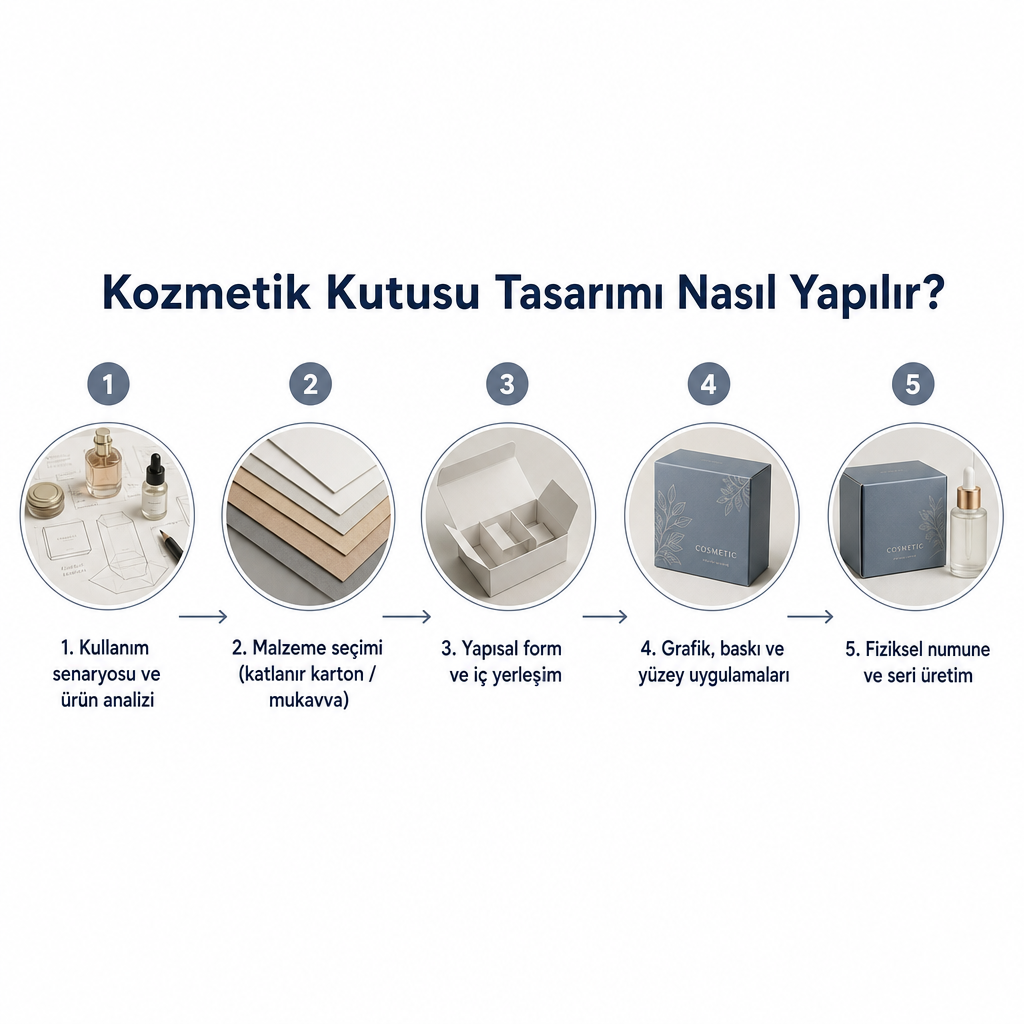 Kozmetik kutusu tasarımının senaryo analizinden numuneye uzanan beş aşamalı karar sırası