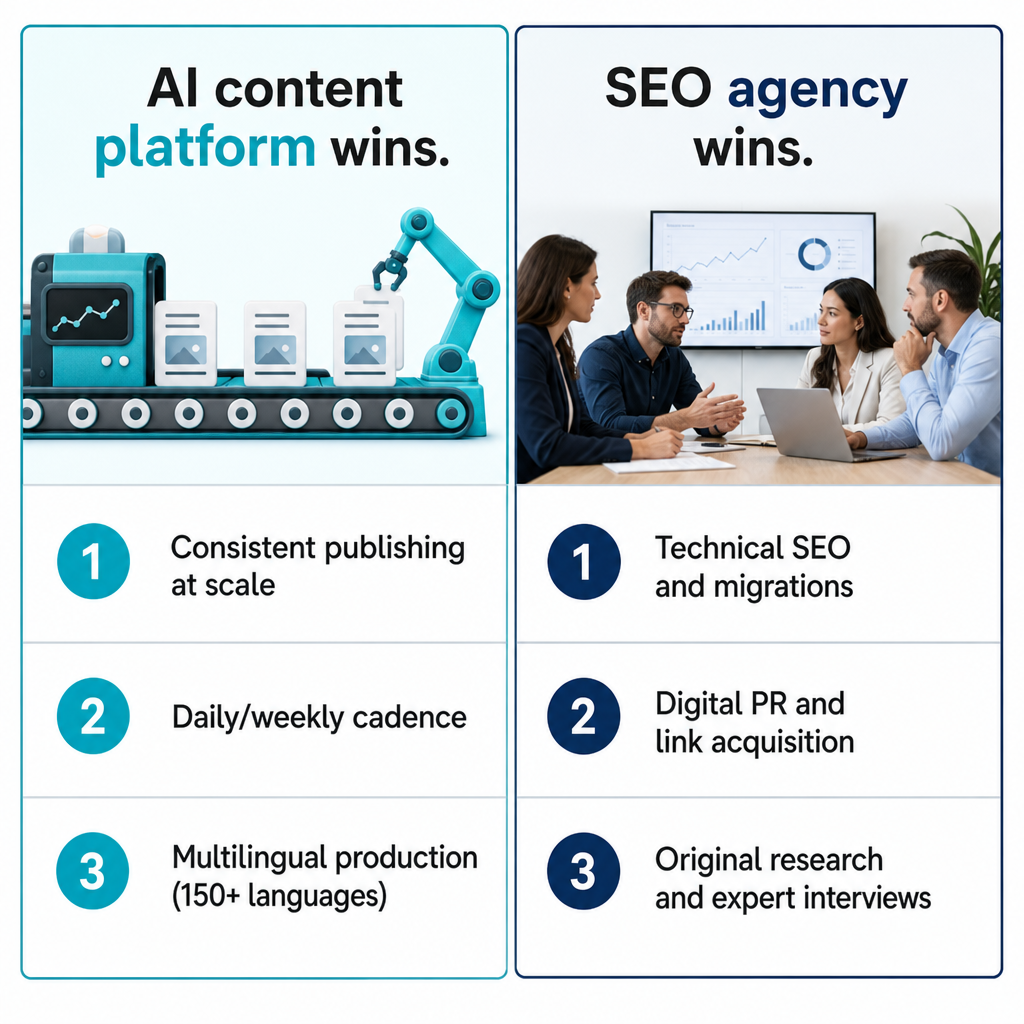 Comparison graphic showing which business needs favor an AI content platform versus an SEO agency.