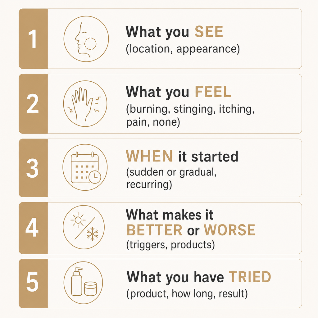 Infographic listing five anchors for describing a skin concern: see, feel, when, better or worse, and what you have tried