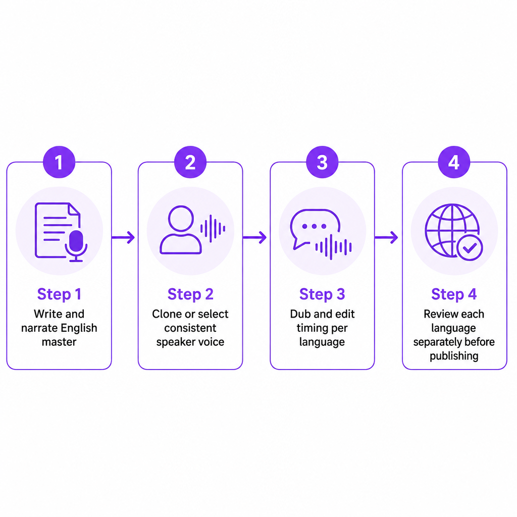 Diagrama de processo em quatro etapas mostrando como um master de vídeo explicativo em inglês se torna versões localizadas