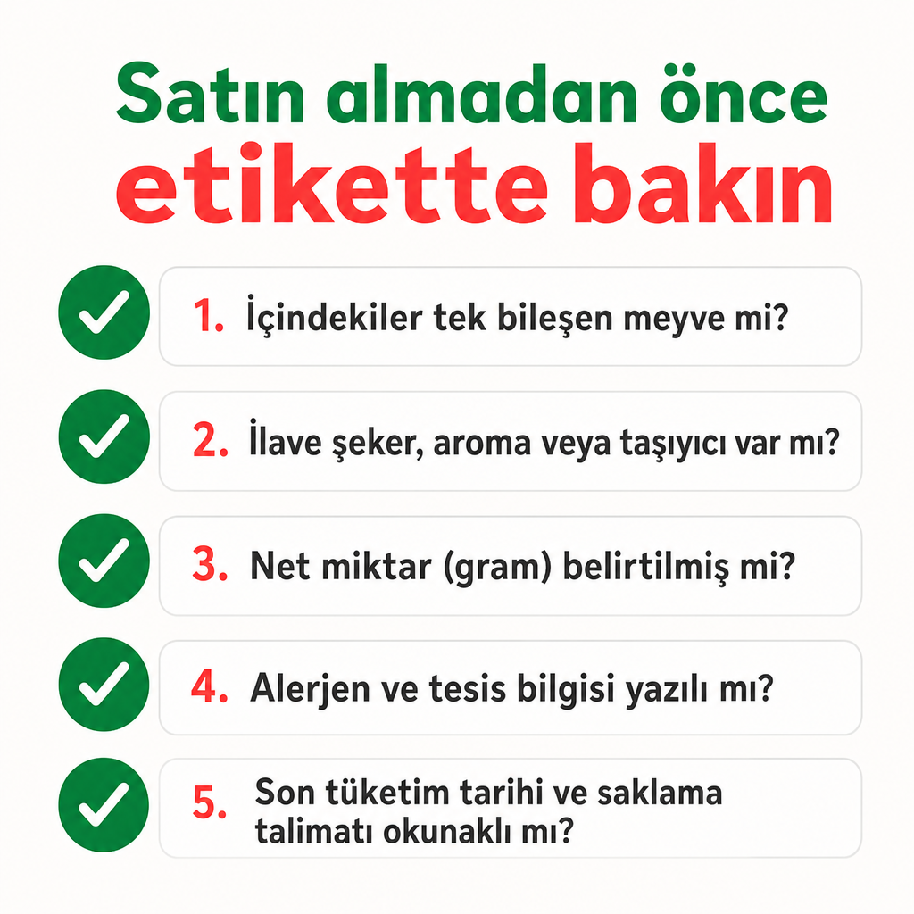 Meyve tozu satın alırken etikette kontrol edilecek beş maddelik liste