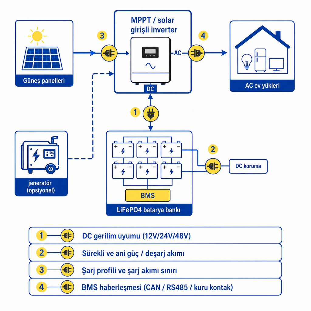 Off-grid sistemde güneş paneli, MPPT, LiFePO4 batarya, BMS ve inverter arasındaki bağlantıları ve dört uyum noktasını gösteren şema.